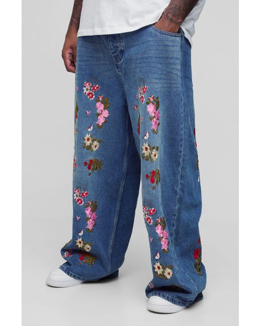 BoohooMAN Blue Plus Baggy Fit Floral Embroidered Jeans for men
