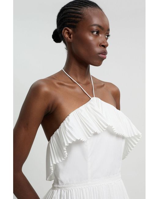 Karen Millen White Cotton Poplin Pleat Detail Halterneck Woven Maxi Dress