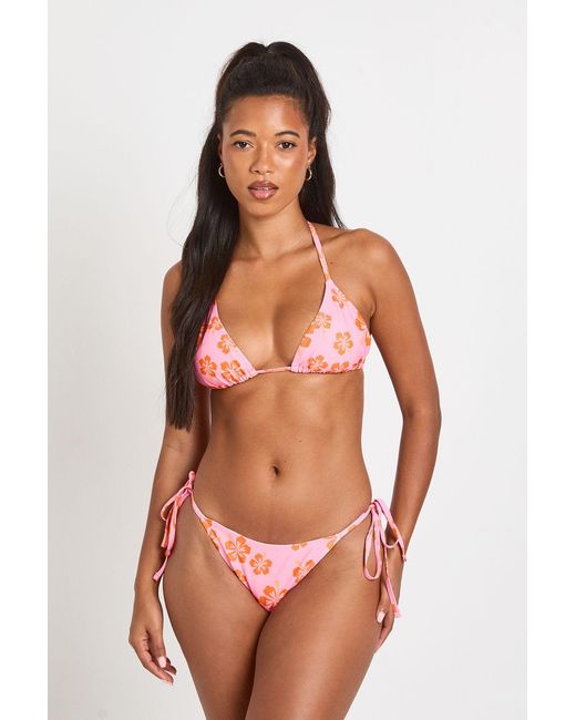 Boohoo Pink Tropical Floral Print Triangle Bikini Top And Tie Side Bottom Set