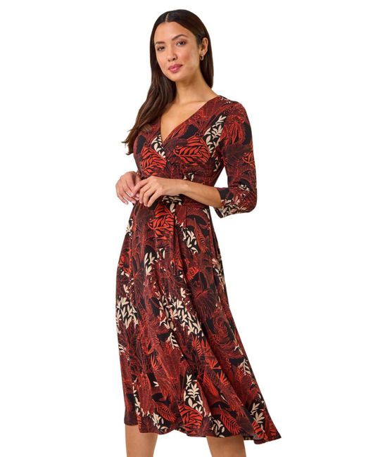 Roman Red Leaf Print Wrap Midi Stretch Dress