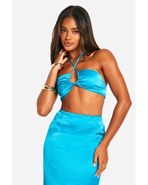 Boohoo Blue Satin Halterneck Bralet