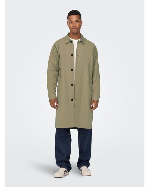Only & Sons Green Long Trench Coat for men