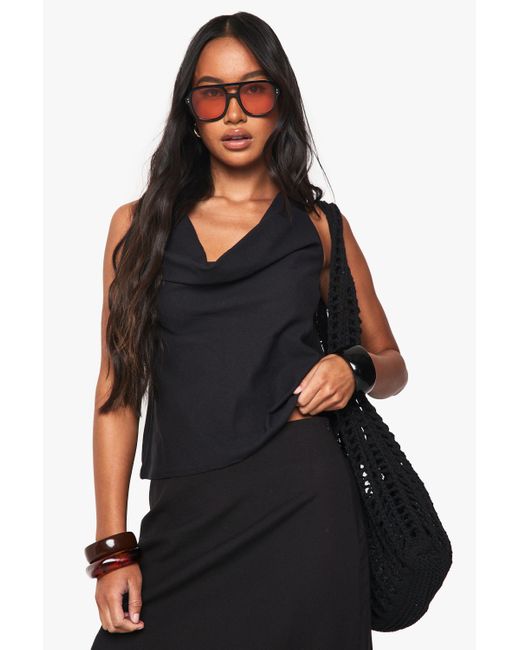 Boohoo Black Linen Look Cowl Neckline Halter Top