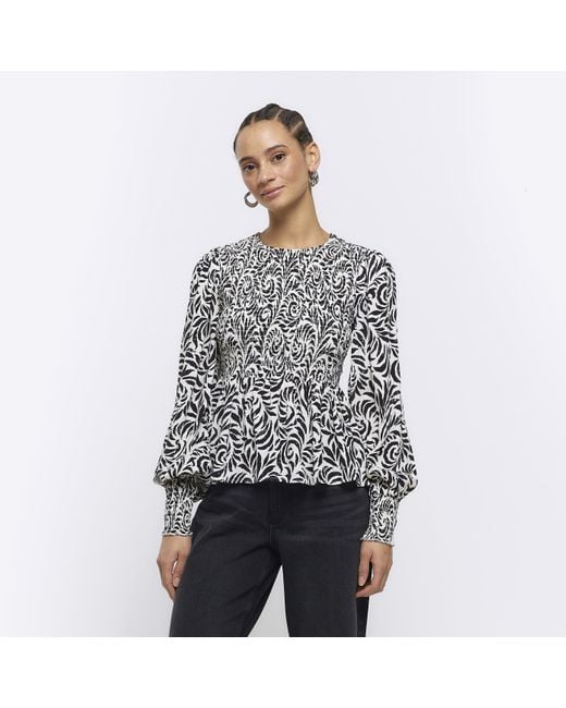 River Island White Blouse Abstract Shirred Viscose