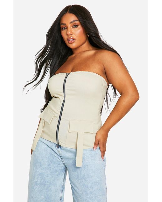 Boohoo Blue Plus Bandeau Zip Up Pocket Detail Top
