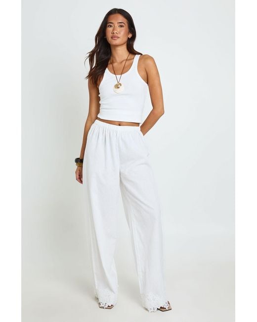 Boohoo White Tall Embroidered Trim Wide Leg Trouser