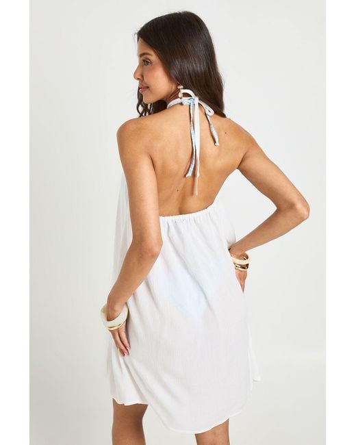 Boohoo White Cheesecloth Halter Mini Beach Dress