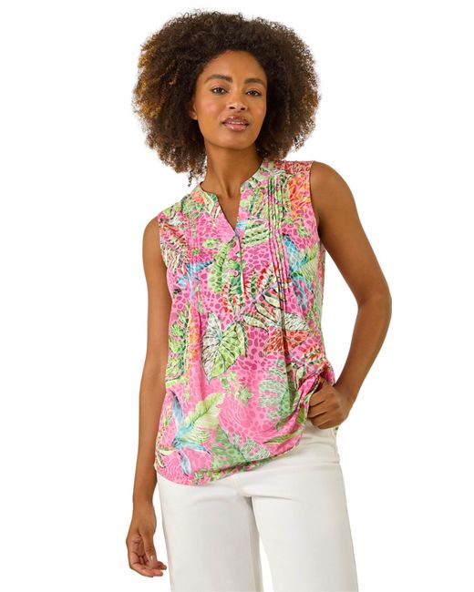 Roman Red Tropical Leaf Print Pintuck Top