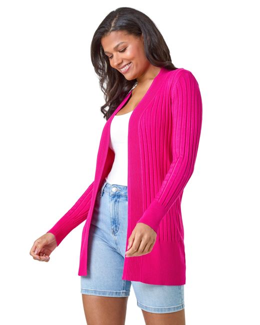 Roman Pink Longline Stretch Ribbed Cardigan