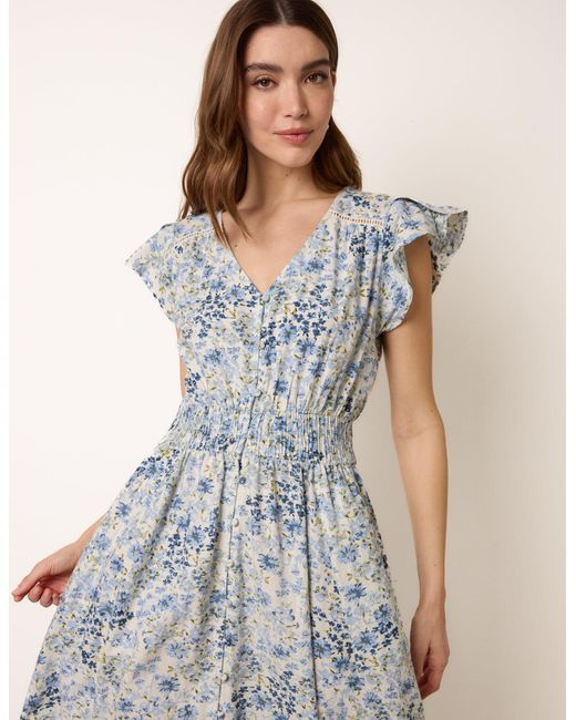 Blue Vanilla White Ditsy Floral Print Shirred Waist Button Front Maxi Dress