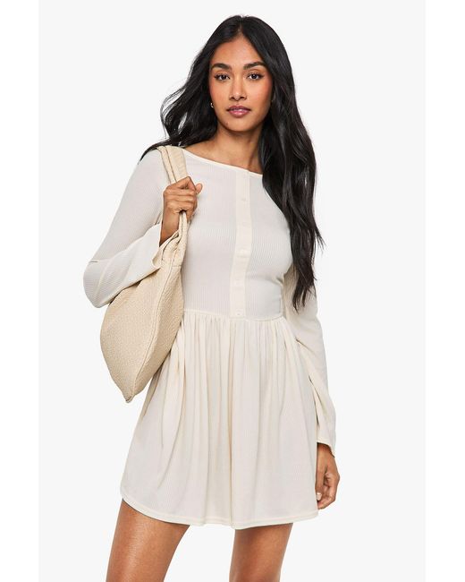 Boohoo Natural Rib Drop Hem Button Down Mini Dress