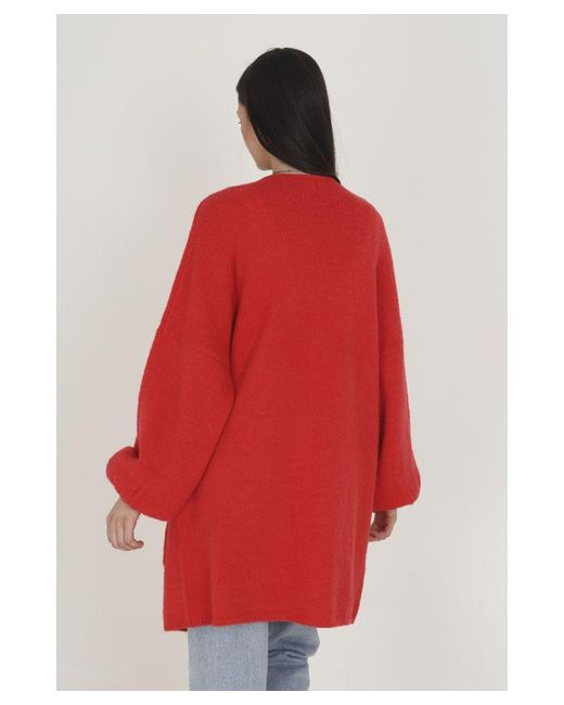 Brave Soul Red 'Ferne' Oversized Cardigan With Balloon Sleeves Acrylic/Polyamide