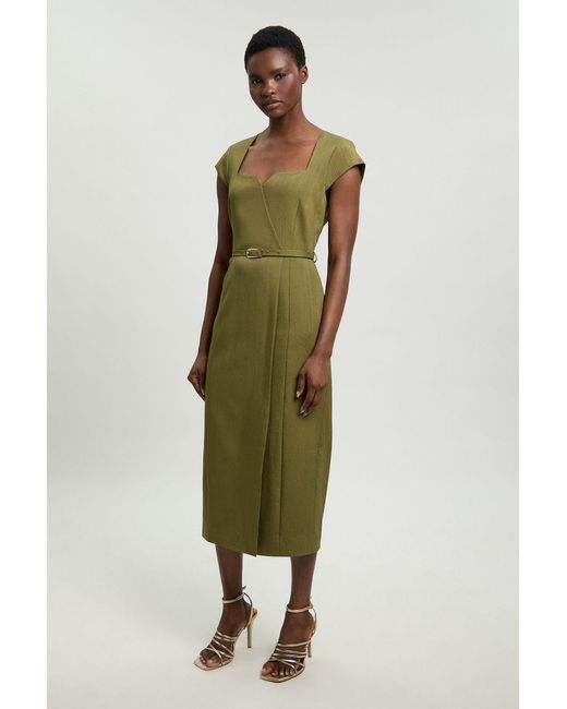 Karen Millen Green Viscose Blend Belted Square Neck Tailored Pencil Dress