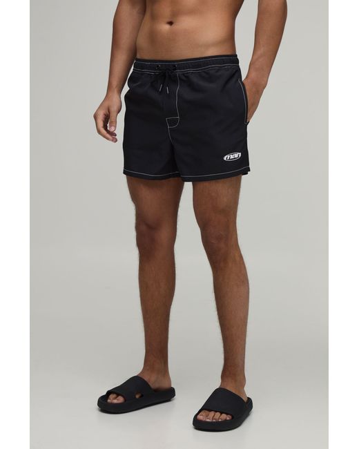 BoohooMAN Black Constrast Stitch Short Length Embroidered Swim for men