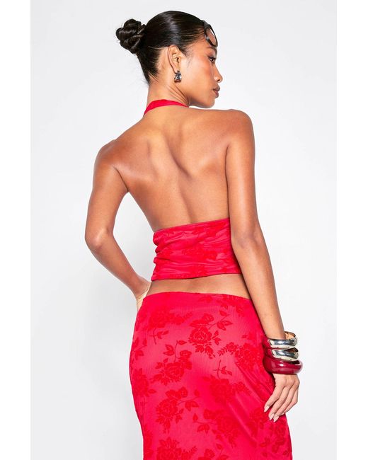 Boohoo Red Floral Flocked Mesh Cowl Neck Crop Top