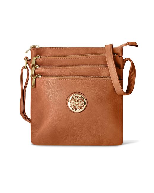 Woodland Leathers Brown Multi Zipper Cross Body Bag For