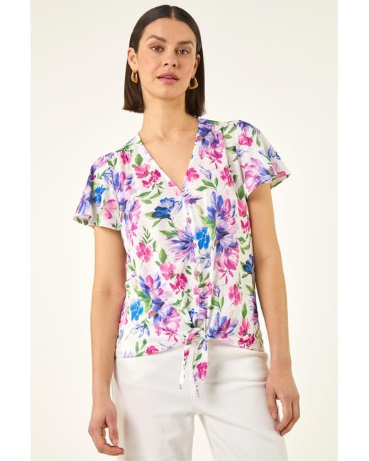 Roman Natural Floral Print Tie Front Top