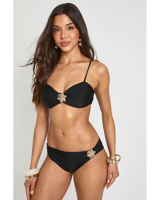 Boohoo Black Flower Trim Bandeau Bikini Top And Brief