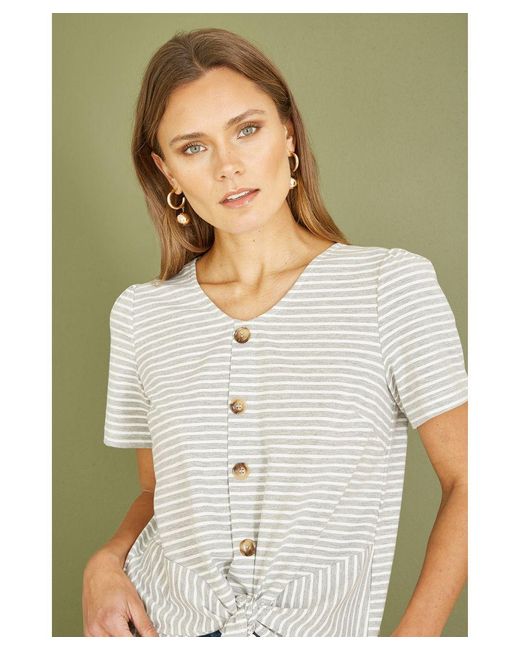Yumi' Green Striped Jersey Button Detail Top Cotton