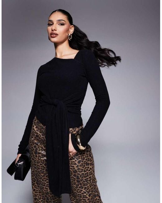 ASOS Blue Brushed Asymmetric Neck Long Sleeve Top With Tie Waist Detail