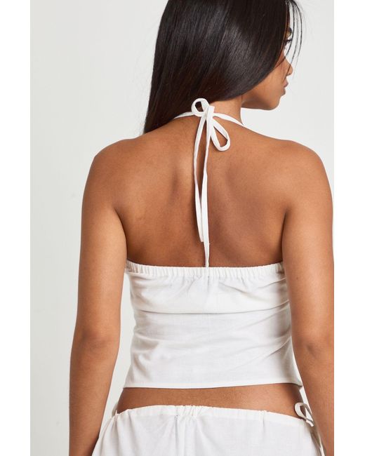 Boohoo White Linen Look Beaded Halter Neck Top