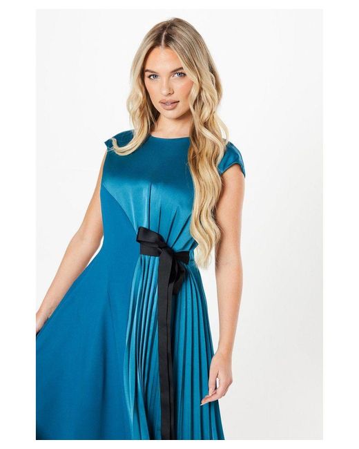 Coast Blue Petite Pleated And Panelled Contrast Tie Satin Midi Dress