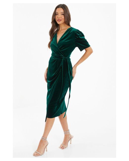 Quiz Green Bottle Velvet Wrap Midi Dress