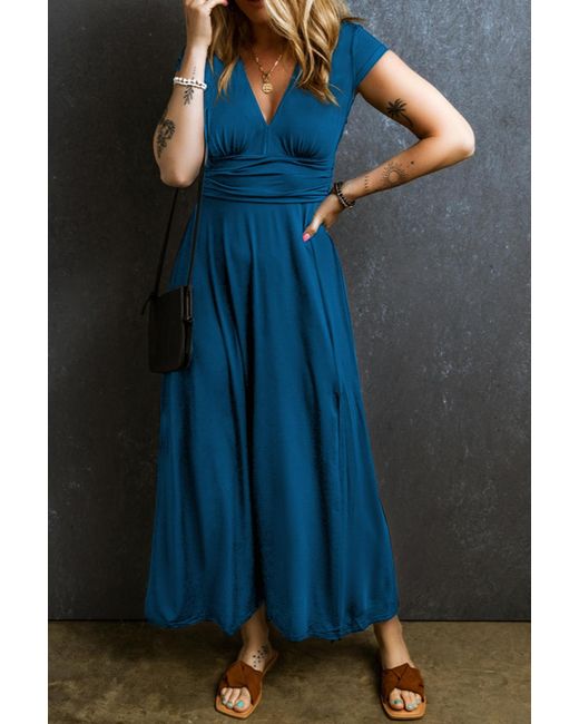 Everyday the Label Blue Peacock Short Sleeve Shirred High Waist V Neck Maxi Dress