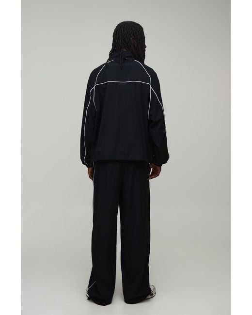 BoohooMAN Black Active Oversized Funnel Neck Zip Through Nylon Pipe Detail Tracksuit for men