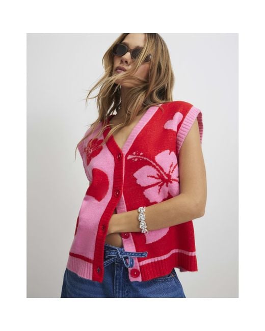 River Island Red Cardigan Floral Sleeveless