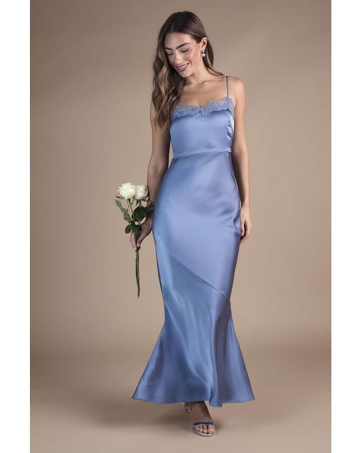 Oasis Blue Lace Trim Strappy Satin Maxi Bridesmaid Dress