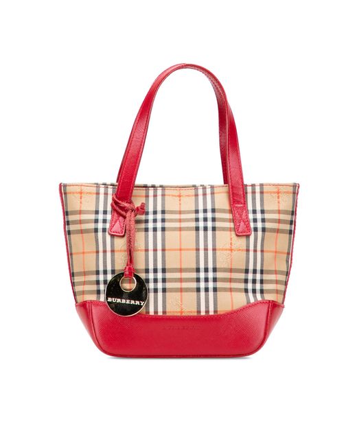 Burberry Red Vintage Plaid Leather Tote