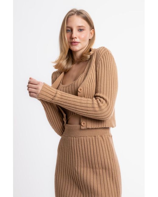 Hiccup Brown 3 Pieces: Knitted Ribbed Cropped Cardigan & Scoop Neck Tank Top & High Waist Slit Maxi Skirt