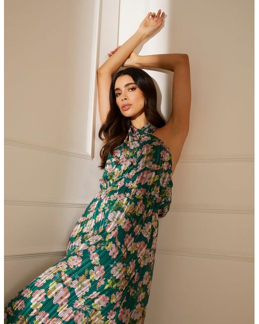 Blue Vanilla Green Wrap Halter Neck Pleated Midi Dress