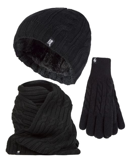 Heat Holders Black Ladies Knitted Hat Scarf & Gloves Set