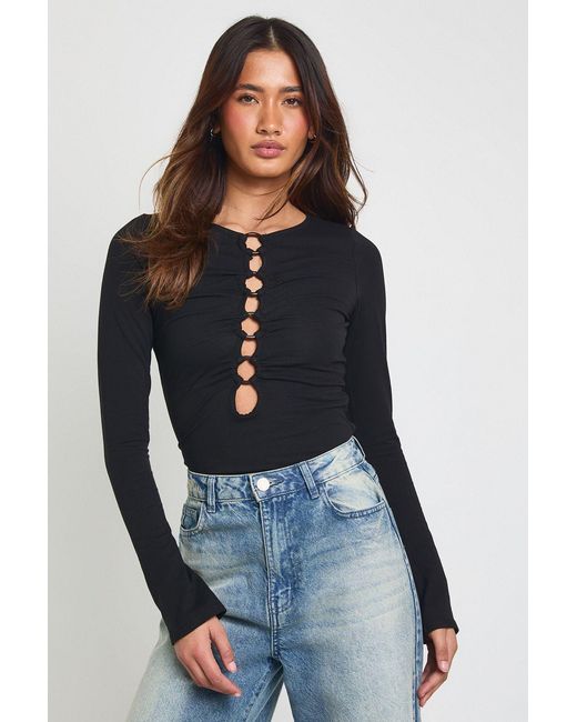 Boohoo Blue Keyhole Detailed Long Sleeve Top With Ring Trims