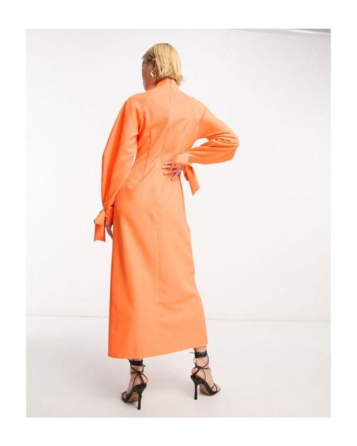 ASOS Orange High Neck Midi Dress With Split Front And Tie Sleeves