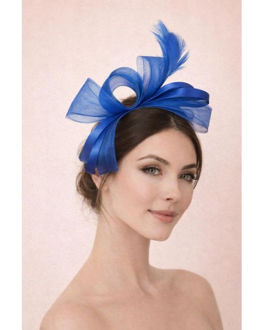 SVNX Blue Bow Shaped Fascinator With Satin Loops & Feathers