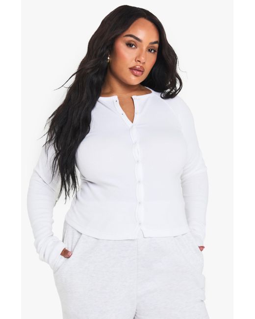Boohoo White Plus Rib Button Through Long Sleeve Top