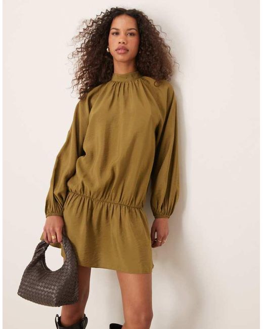 ASOS Green Blouson Mini Long Sleeve Dress