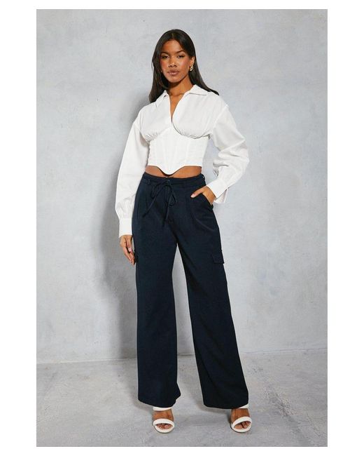 MissPap Blue Tie Waist Pocket Relaxed Cargo Trousers