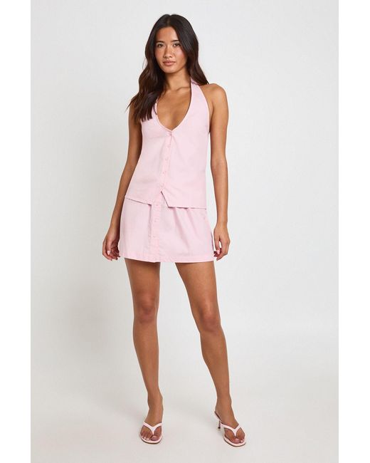 Boohoo Pink Cotton Poplin Button Front Mini Skirt
