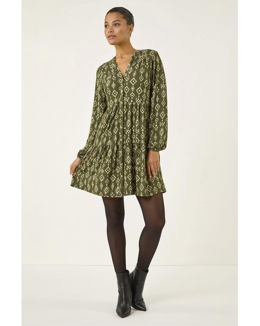 Roman Green Aztec Print Button Stretch Swing Dress