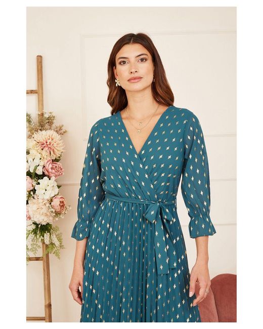 Yumi' Foil Printed Pleated Wrap Midi Dress in Blue Lyst UK