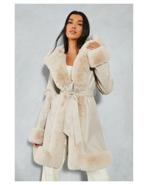 MissPap Natural Faux Fur Leather Look Belted Midi Length Coat