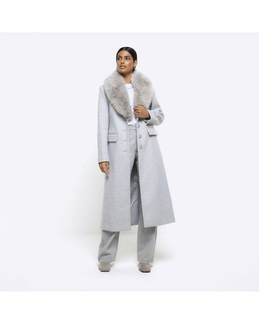 River Island White Longline Coat Grey Faux Fur Collar