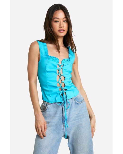 Boohoo Blue Tall Bengaline Seam Detail Lace Up Top