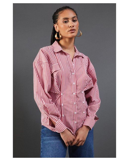 Warehouse Pink Poplin Triple Placket Stripe Fitted Shirt