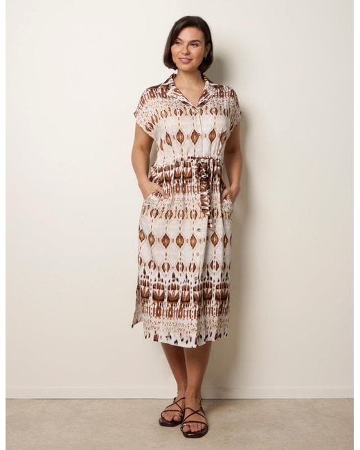Blue Vanilla Natural Drawstring Printed Midi Shirt Dress