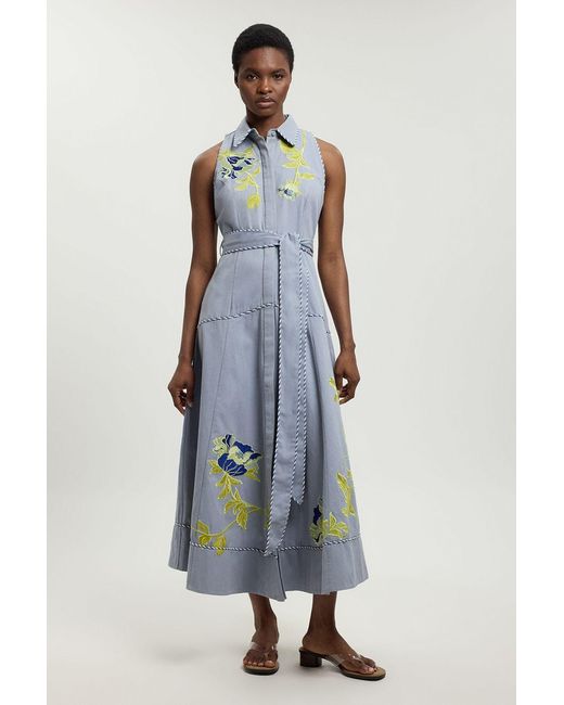 Karen Millen Blue Floral Applique Belted Midi Dress